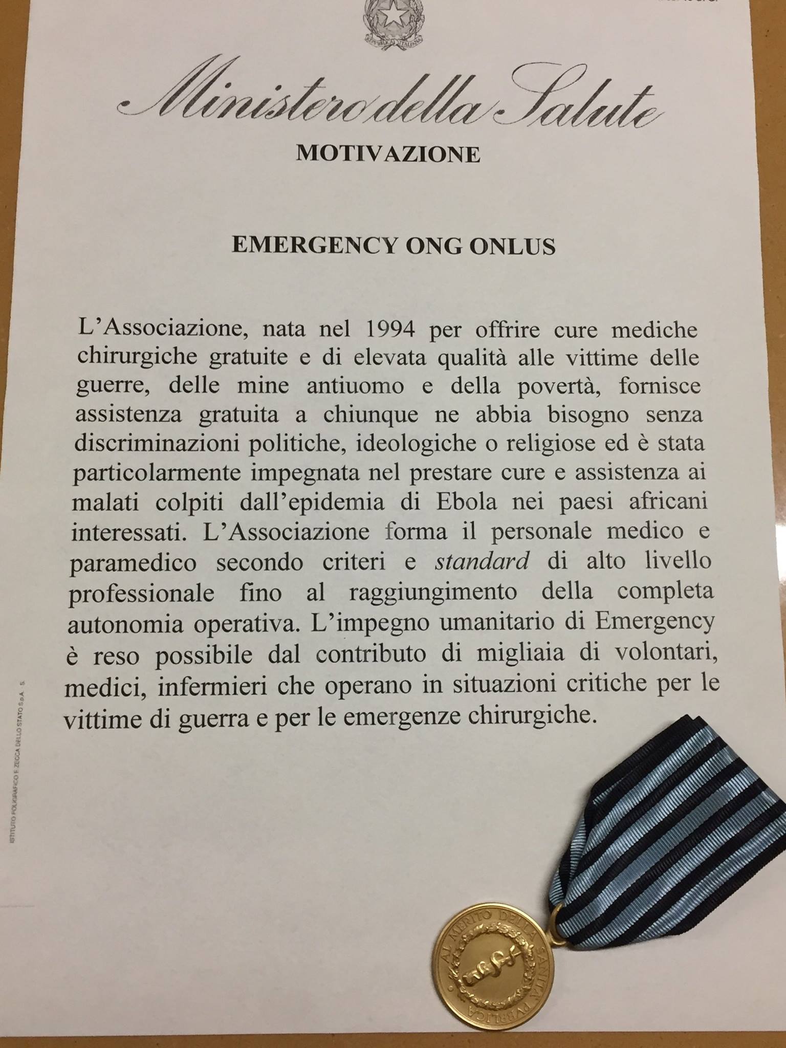 La Medaglia d'oro al merito della sanit&agrave; pubblica assegnata a EMERGENCY